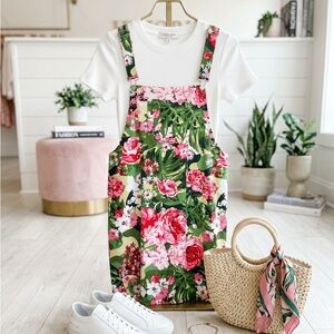 Julie & Joy Womens Pink Green Floral Print Bib Overall Jumper Dress Size 3X